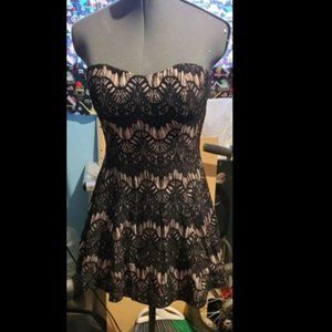 Strapless Black Lace Illusion Dress with Tan Under Dress (Small)